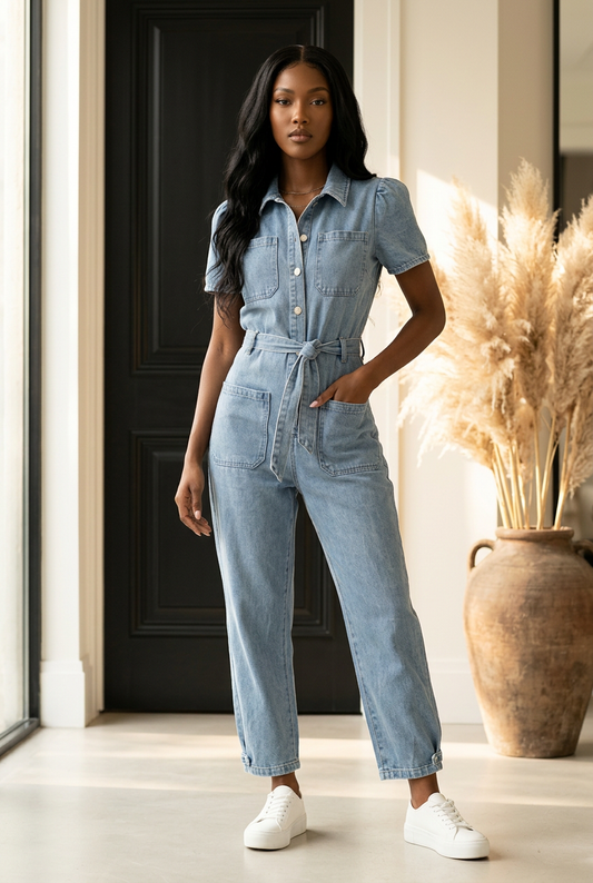 Vintage Wash Short Sleeve Denim Jumpsuit