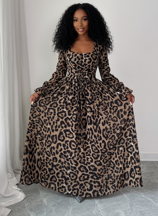 Leopard Sweetheart Neck Flounce Sleeve Maxi Dress