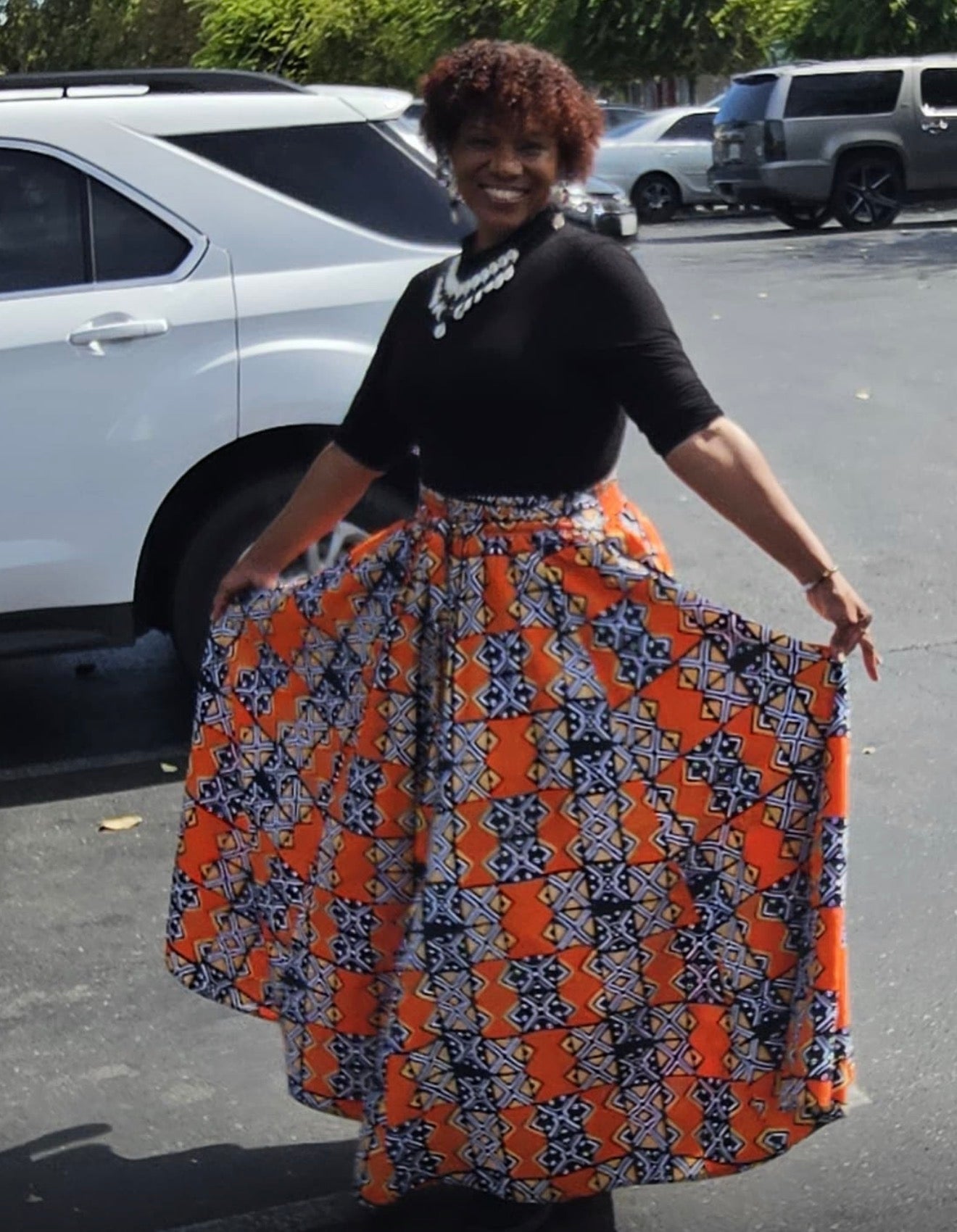 African Print Full Skirt with Coordinating Head Wrap  (Orange Black Squared)