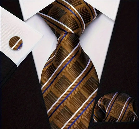 Men’s Silk Coordinated Tie Set - Brown with Blue White Stripes