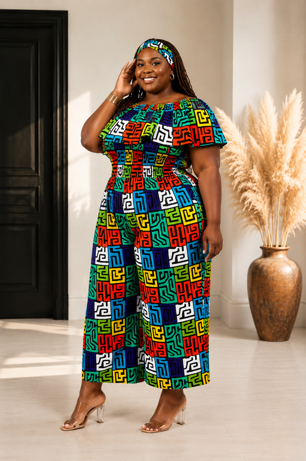 African Print Ruffled Neckline Jumpsuit / Romper (Blue) with Head Wrap