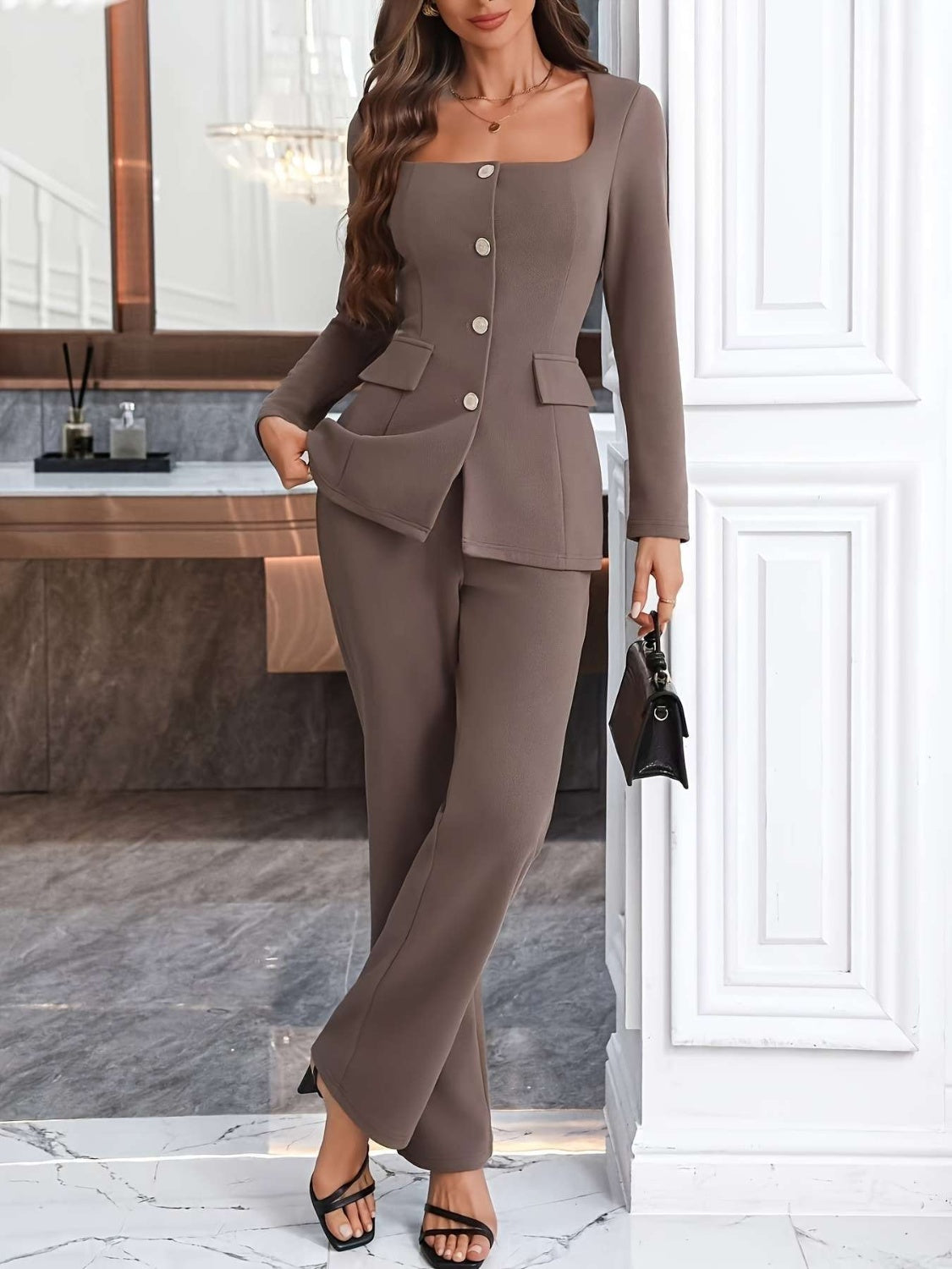 Square Neck Button Up Blazer and Pants Set, U.S. Sizes 4 - 14