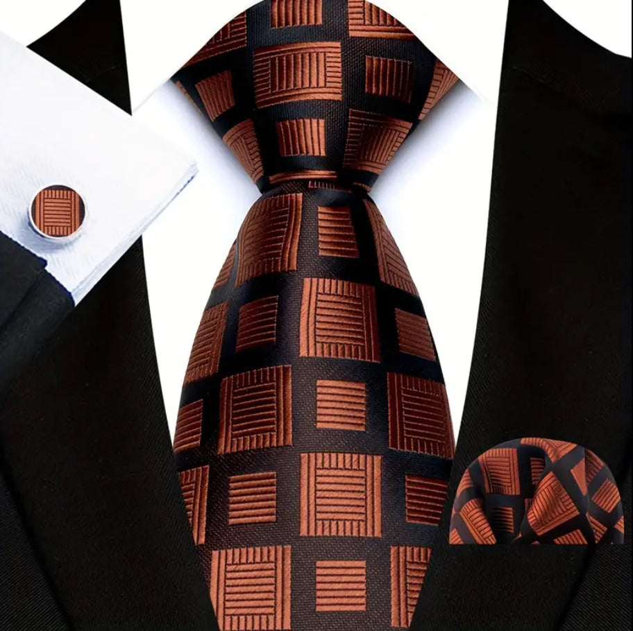 Men’s Silk Coordinated Tie Set - Brown and Black Squared