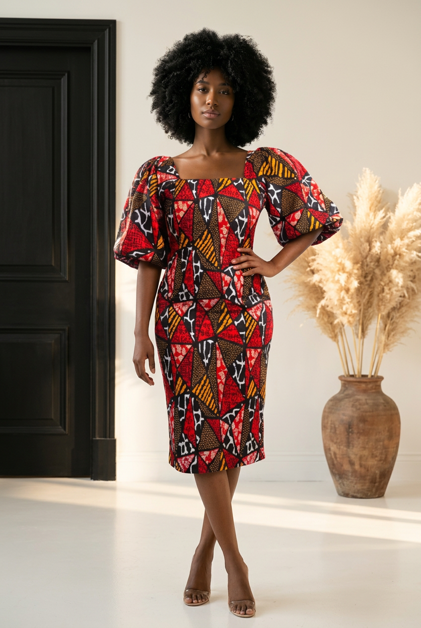 Fitted Smock Mid length Dress/ Puff Sleeve - Red Mosaic