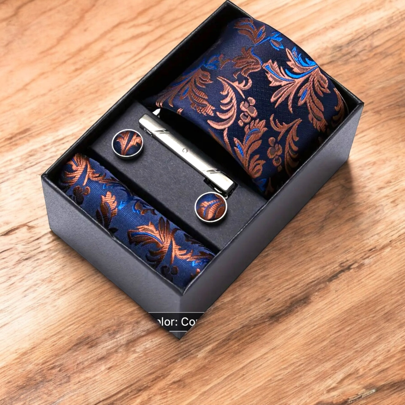 Men’s Silk Coordinated Tie Set w/Box - Copper Blue Paisley (1)
