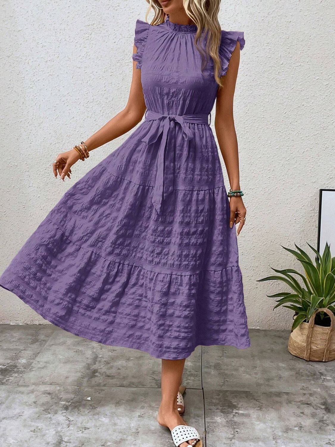 Tied Ruffled Cap Sleeve Midi Dress - 7 color choices