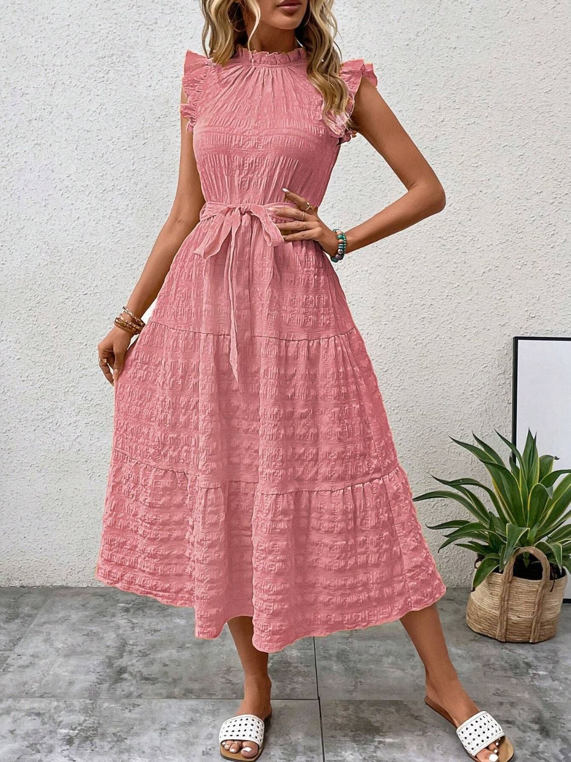 Tied Ruffled Cap Sleeve Midi Dress - 7 color choices