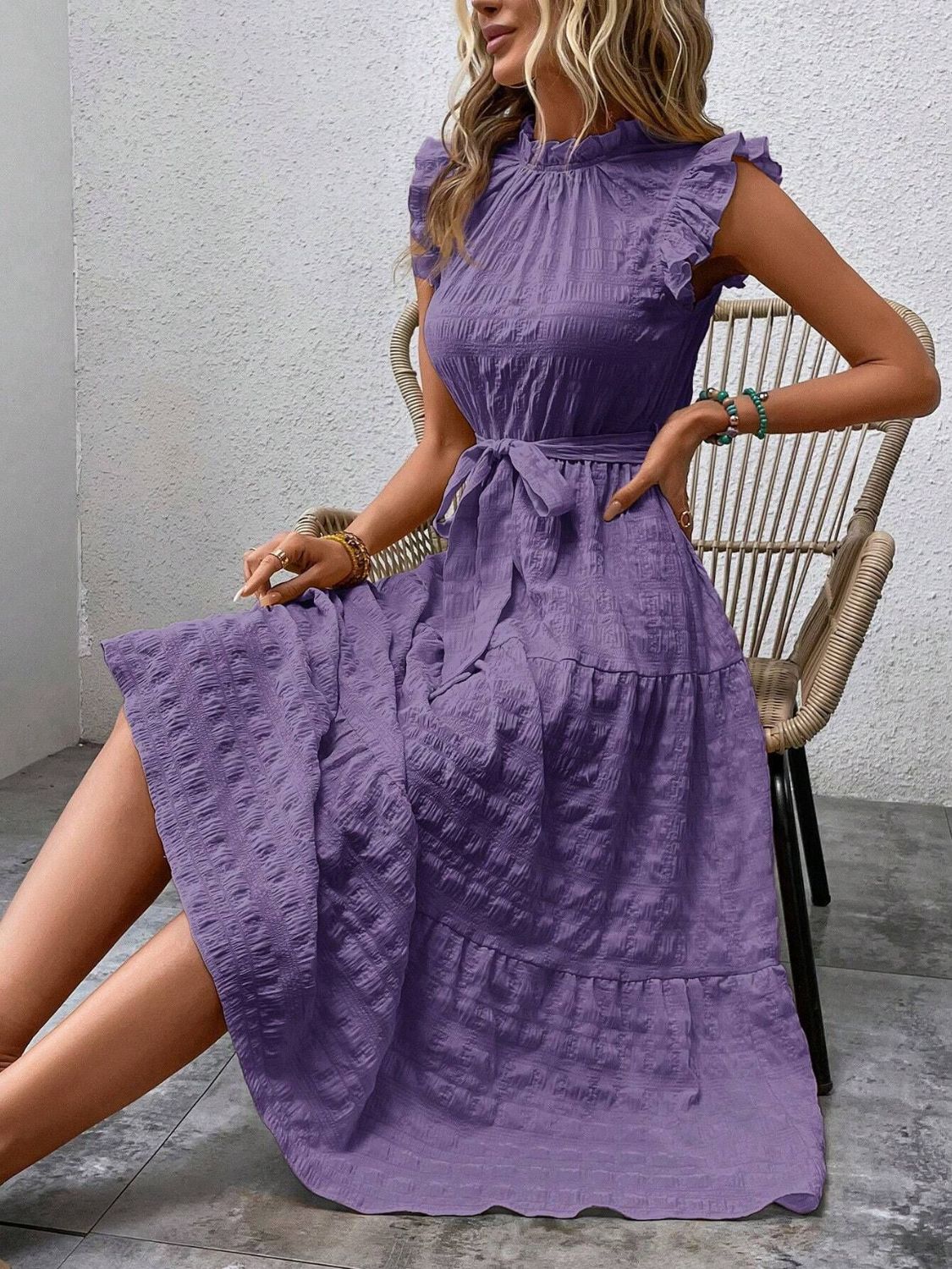 Tied Ruffled Cap Sleeve Midi Dress - 7 color choices