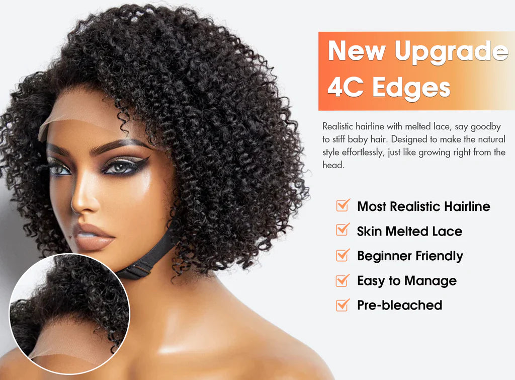 U.B.’s 12 Inches 5x5 4C Edges | Kinky Edges Jerry Curly Glueless Short Lace Closure Wig-100% Human Hair