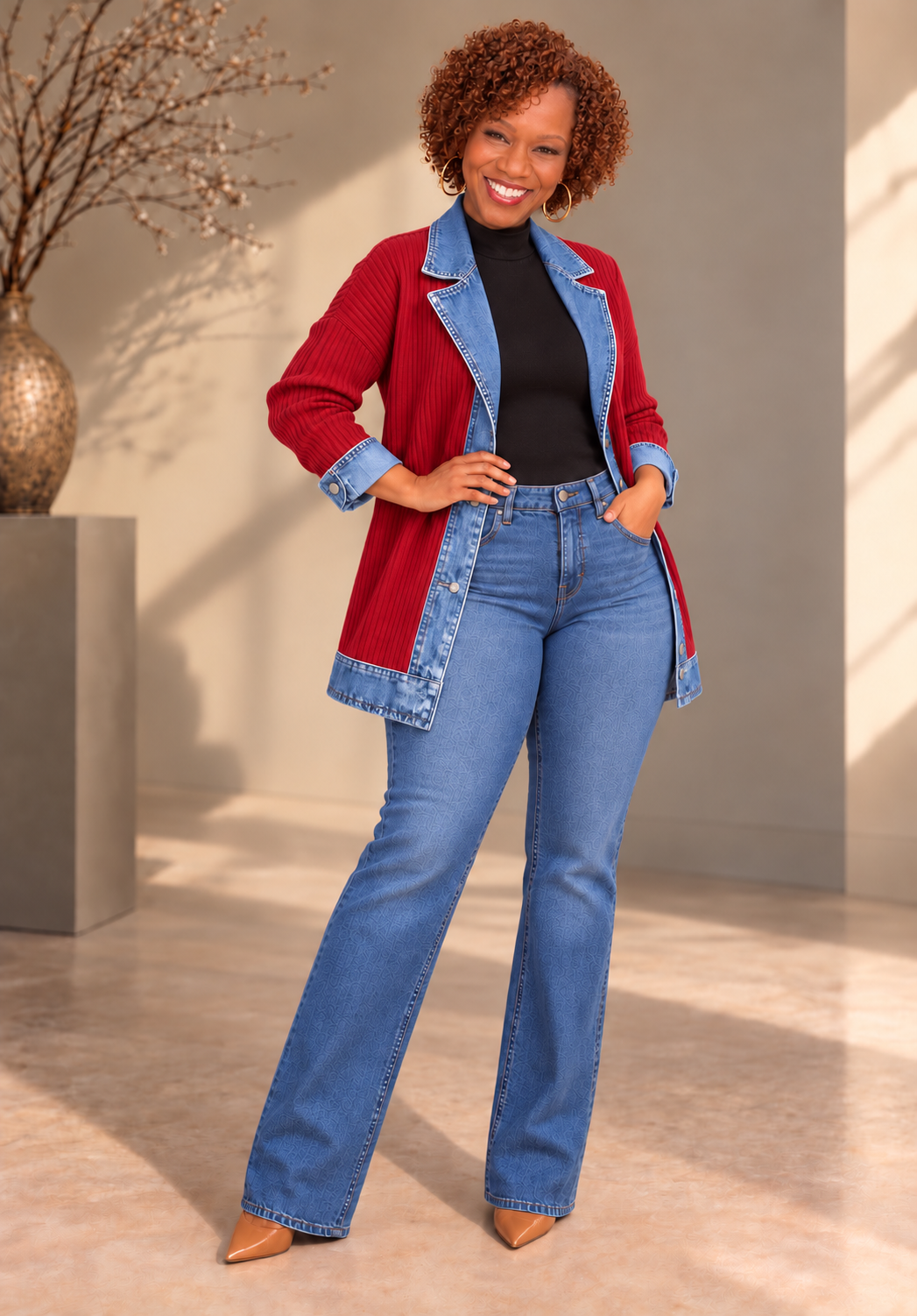 Full Size Denim Trim Ribbed Knit Cardigan Plus Size