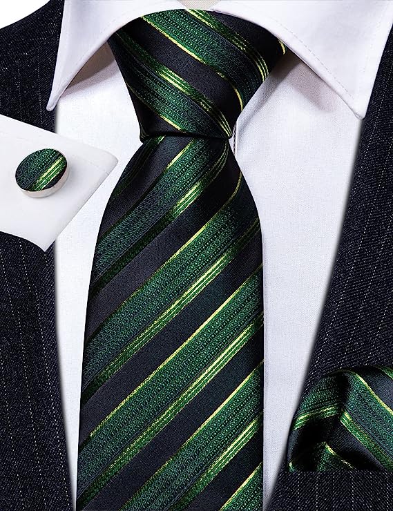 Men’s Silk Coordinated Tie Set - Green Gold Black Striped