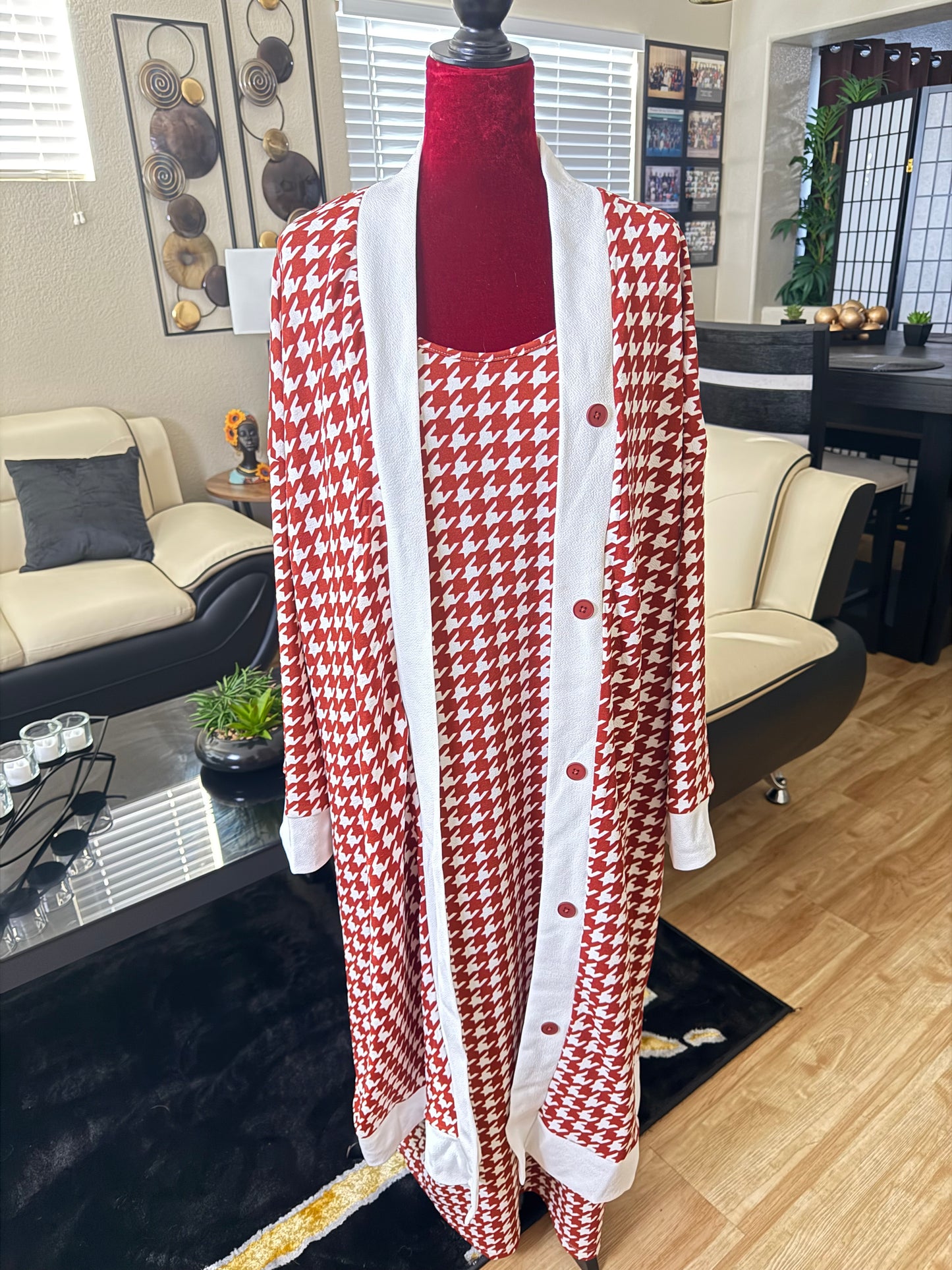 Two Piece Front Button Houndstooth Dress Set (US Sizes 12 - 20) Red and White