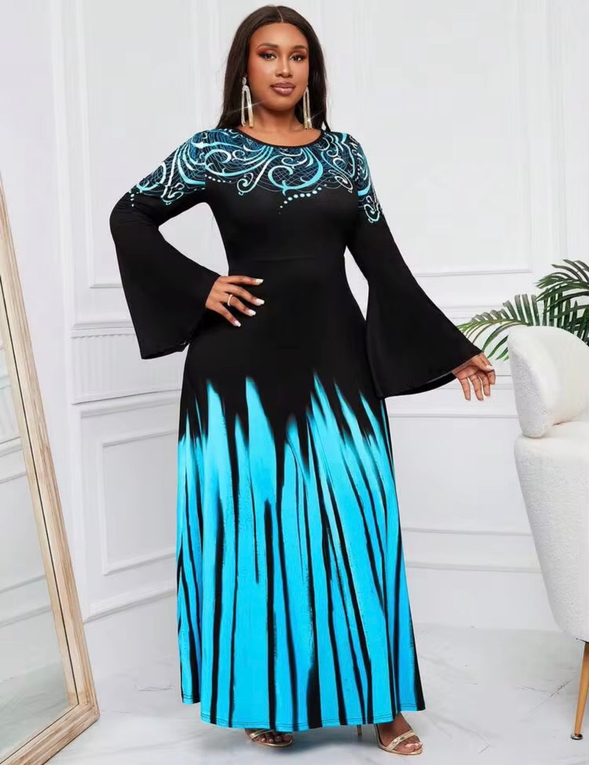 SHEIN Black & Blue Swirl-Accent Bell Sleeve Maxi Dress