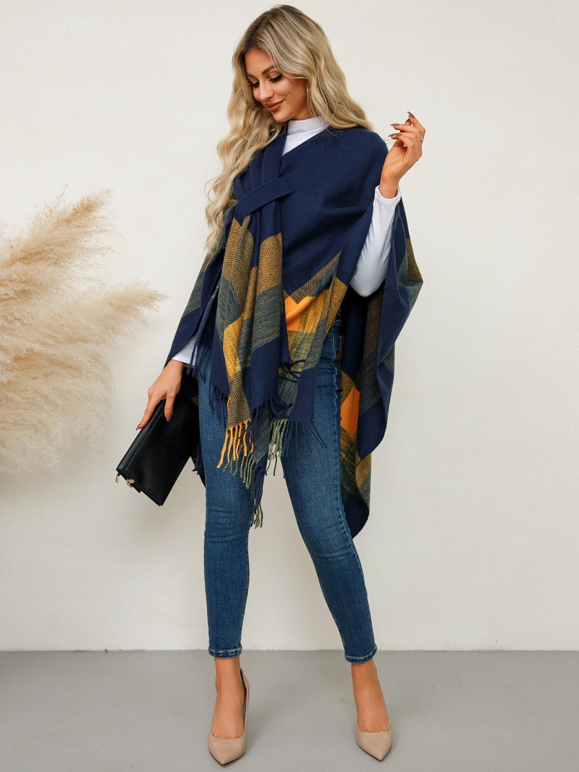 Fringe Contrast Plaid Poncho