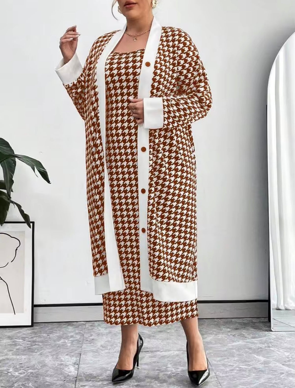 Classic Houndstooth Knit Cardigan & Dress Set - Brown/White, 3X (US 18)