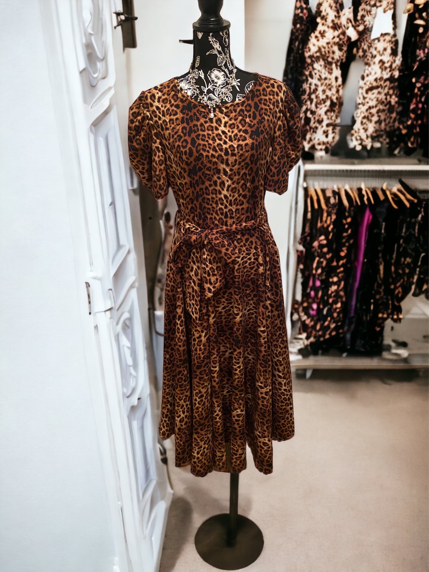 Puff Sleeve Leopard Print Dress, Sizes 1X - 3X (Dark Leopard Print)