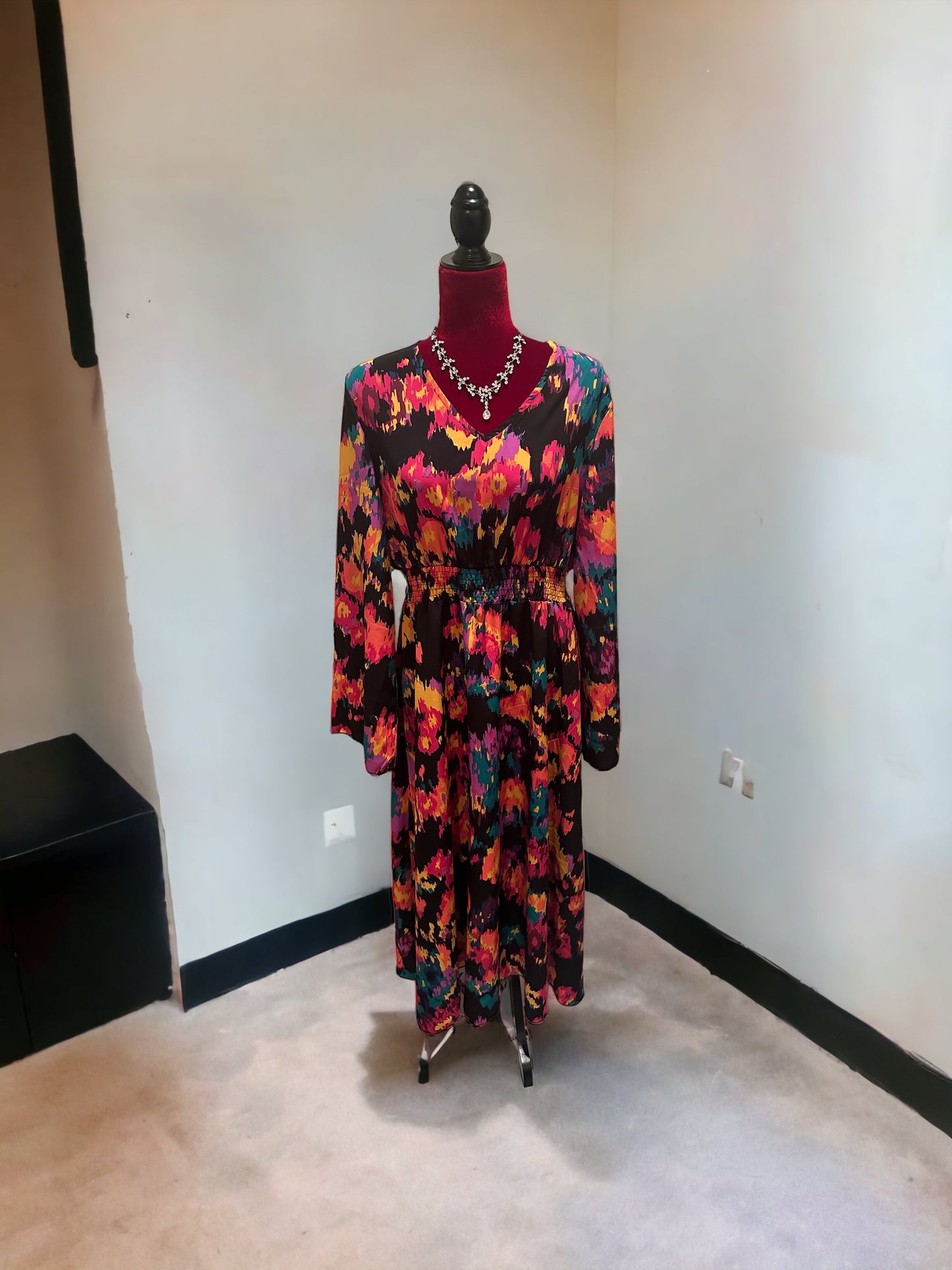 Printed Smocked Waist Midi Dress