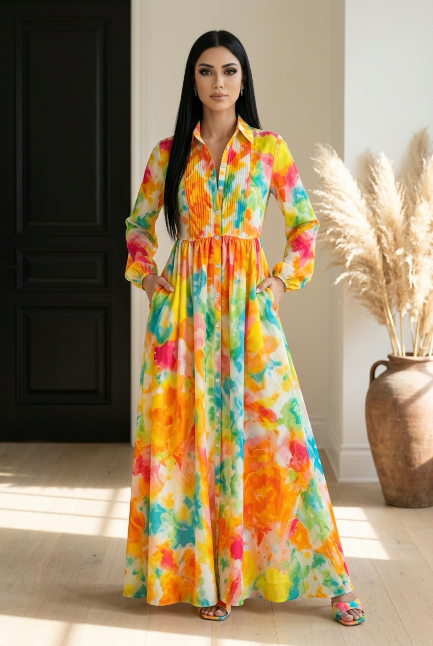 Watercolor Print Long-Sleeve Button-Down Maxi Dress