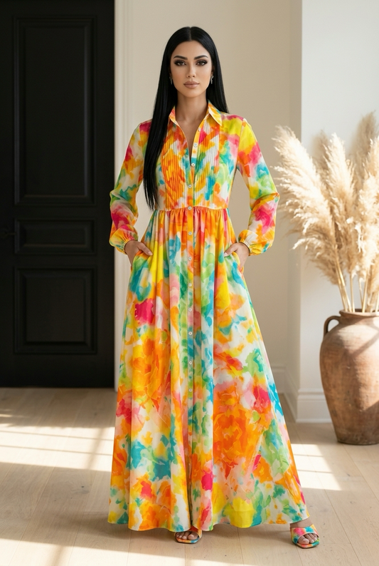 Watercolor Print Long-Sleeve Button-Down Maxi Dress