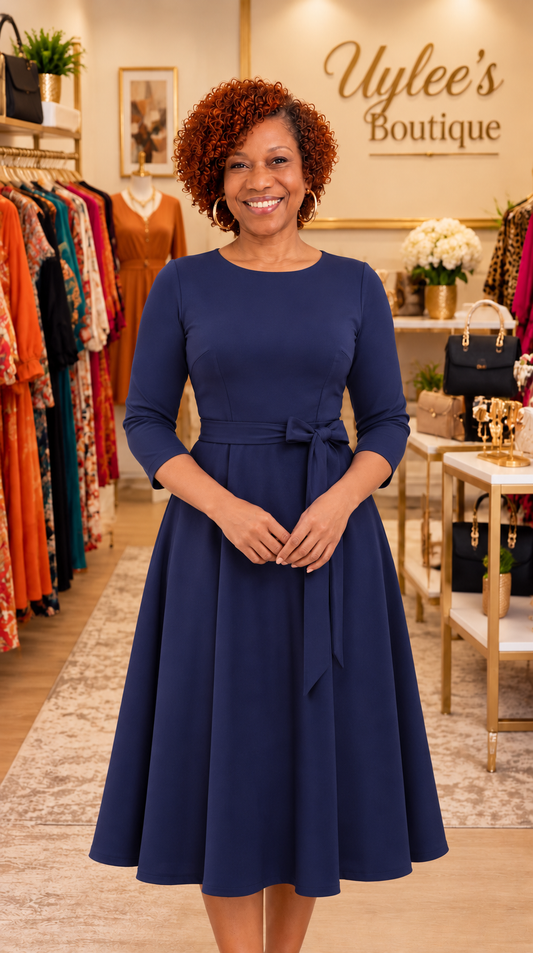 Vintage Inspired A-Line Tea Dress, Navy Blue 2XL