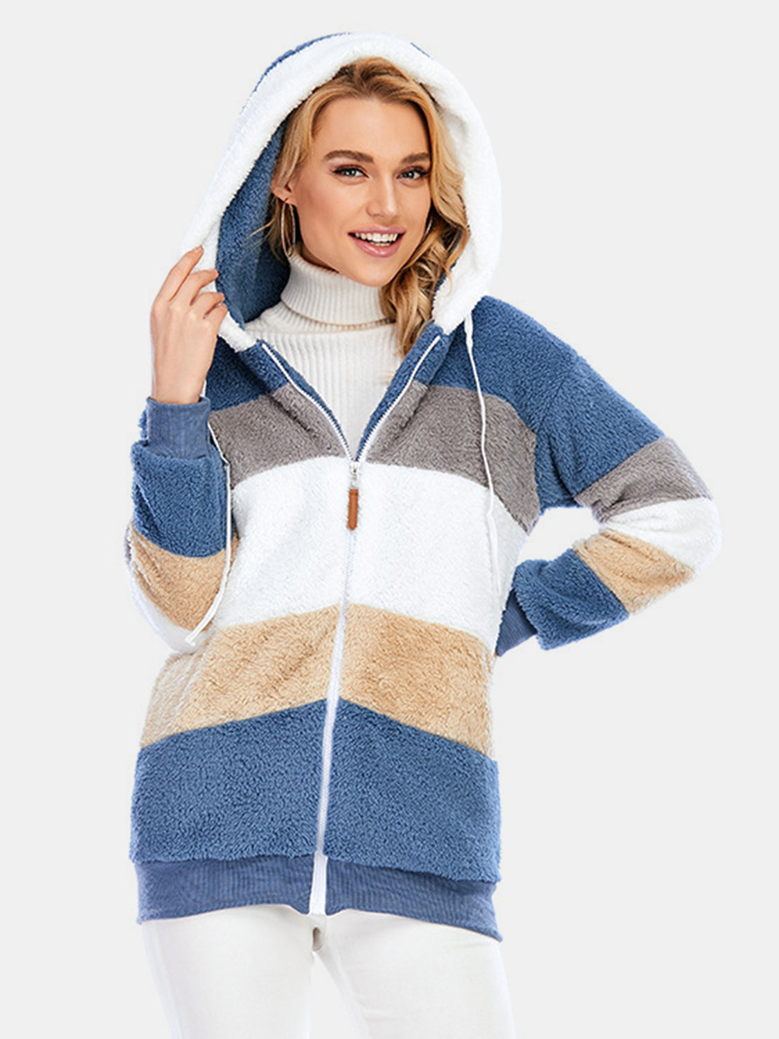 Full Size Drawstring Color Block Zip Up Hooded Outerwear, 9 Color Choices, Sizes Small - 5XLarge