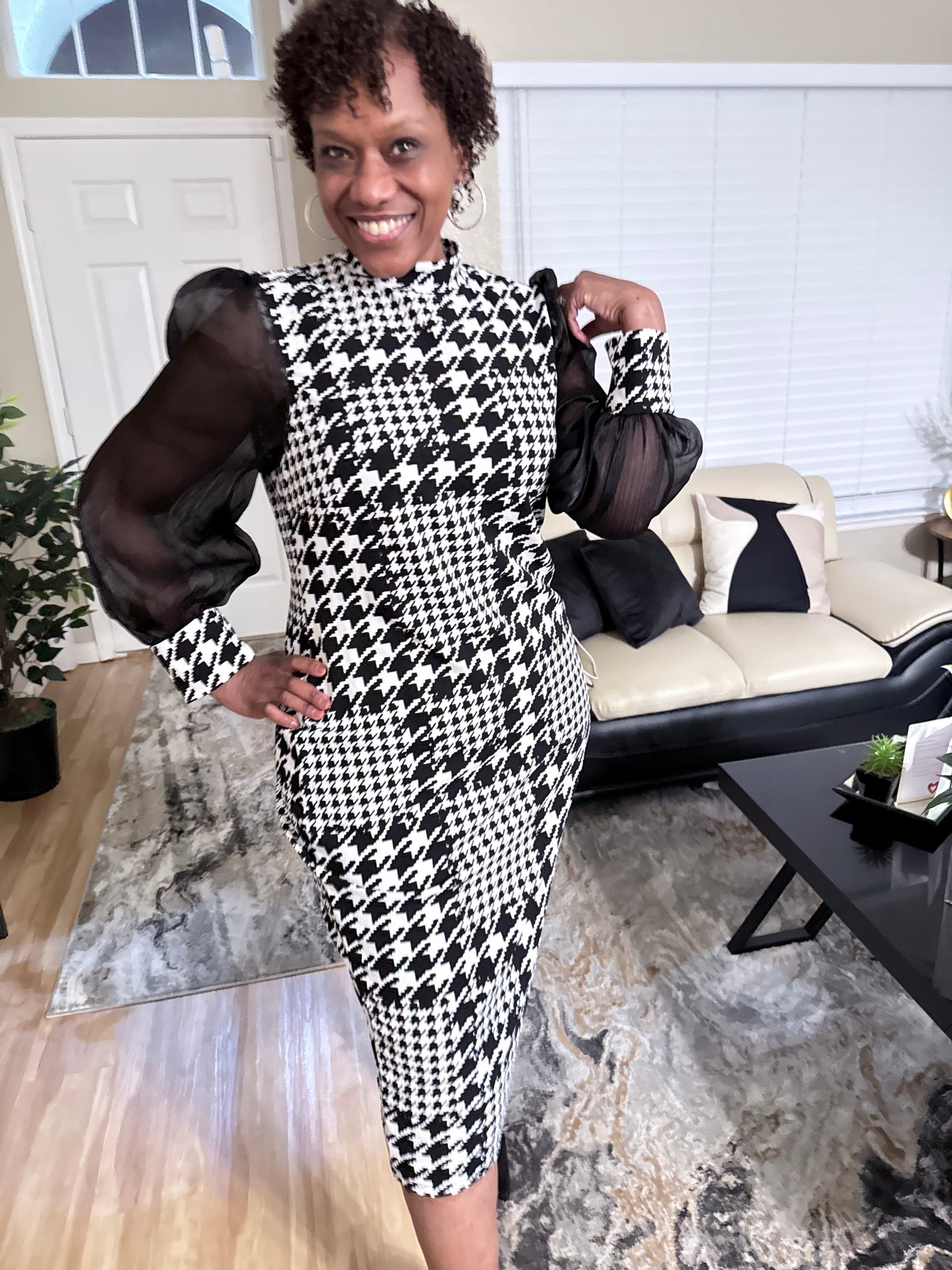 Houndstooth Print Mesh Sleeve Ladies Dress, Sizes Small - 4XLarge (US Sizes 4 - 20)