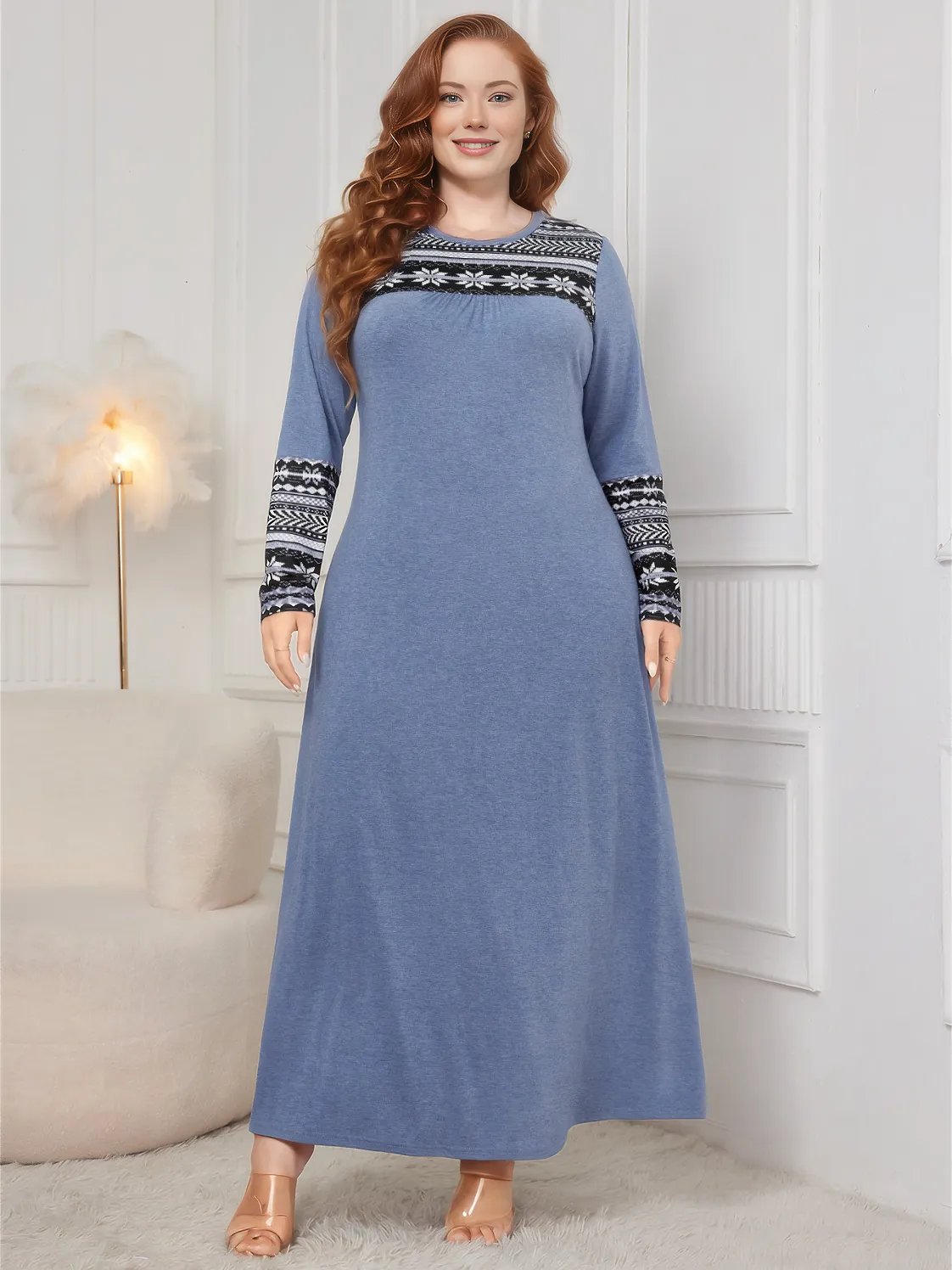 Plus Size Printed Round Neck Long Sleeve Dress - Dusty Blue