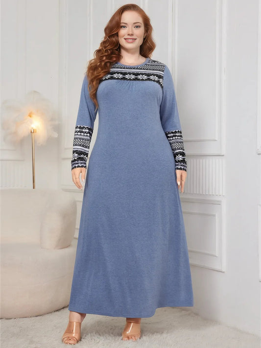 Plus Size Printed Round Neck Long Sleeve Dress - Dusty Blue