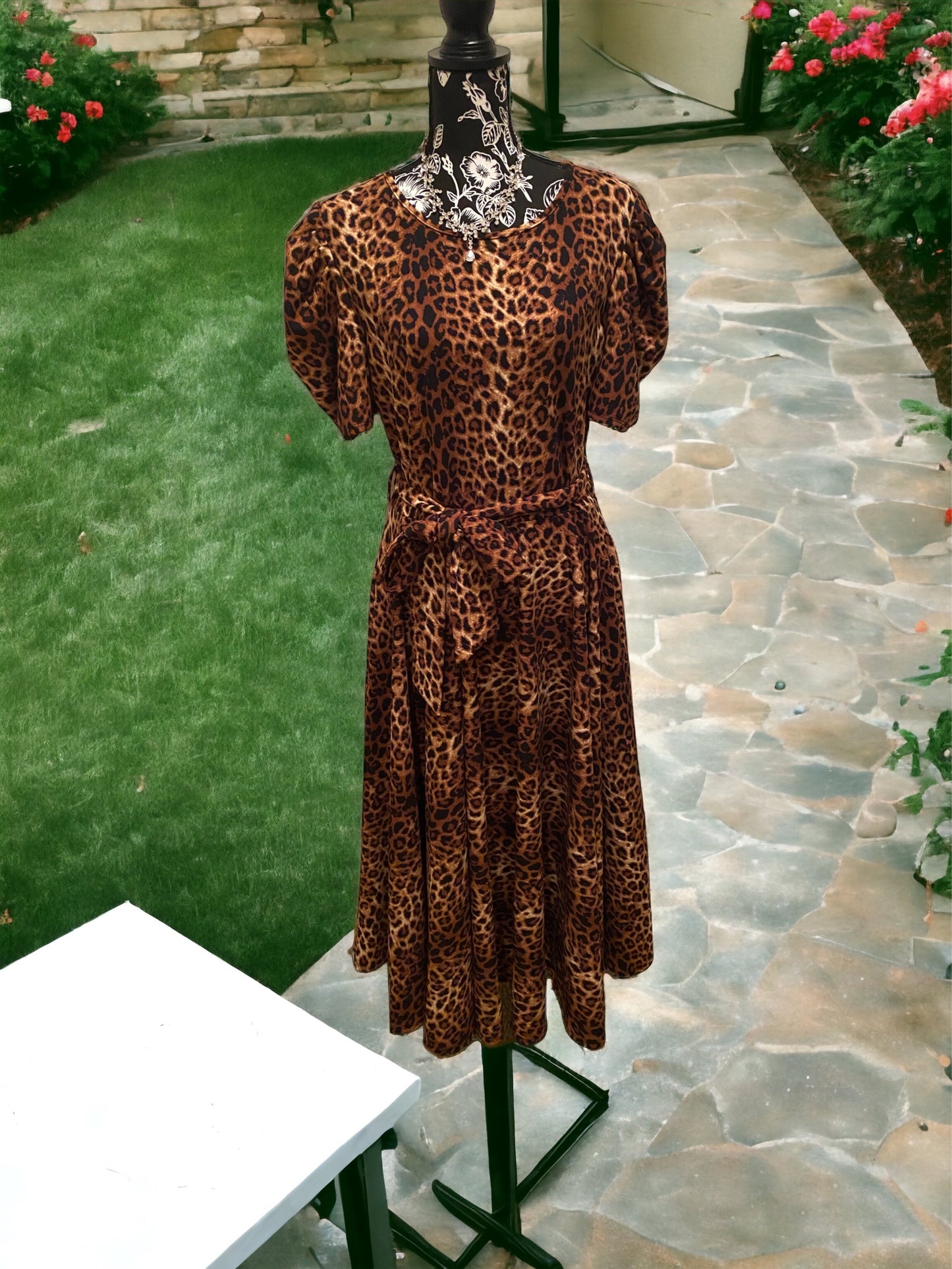 Puff Sleeve Leopard Print Dress, Sizes 1X - 3X (Dark Leopard Print)