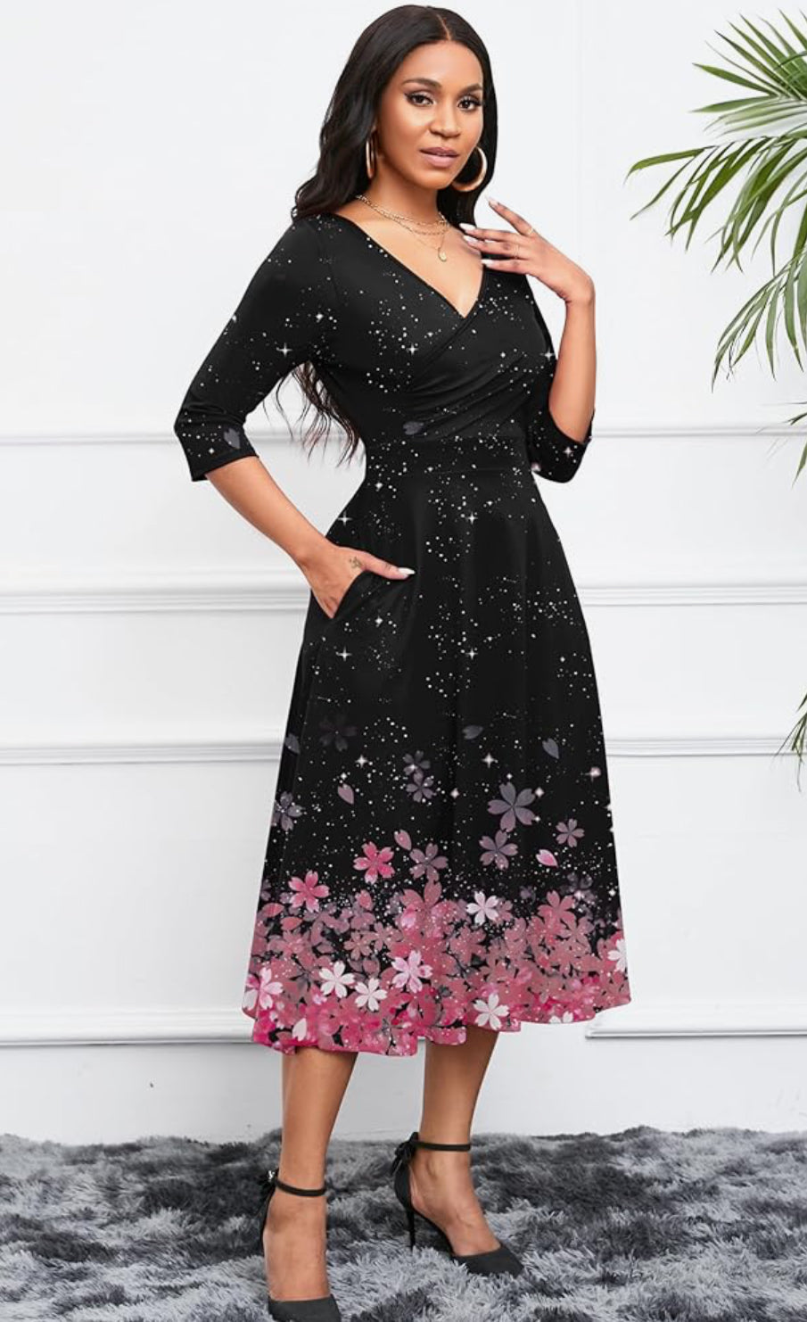 Casual Wrap Flared Dress, Sizes Small - 3XLarge (Pink & Black Dress)