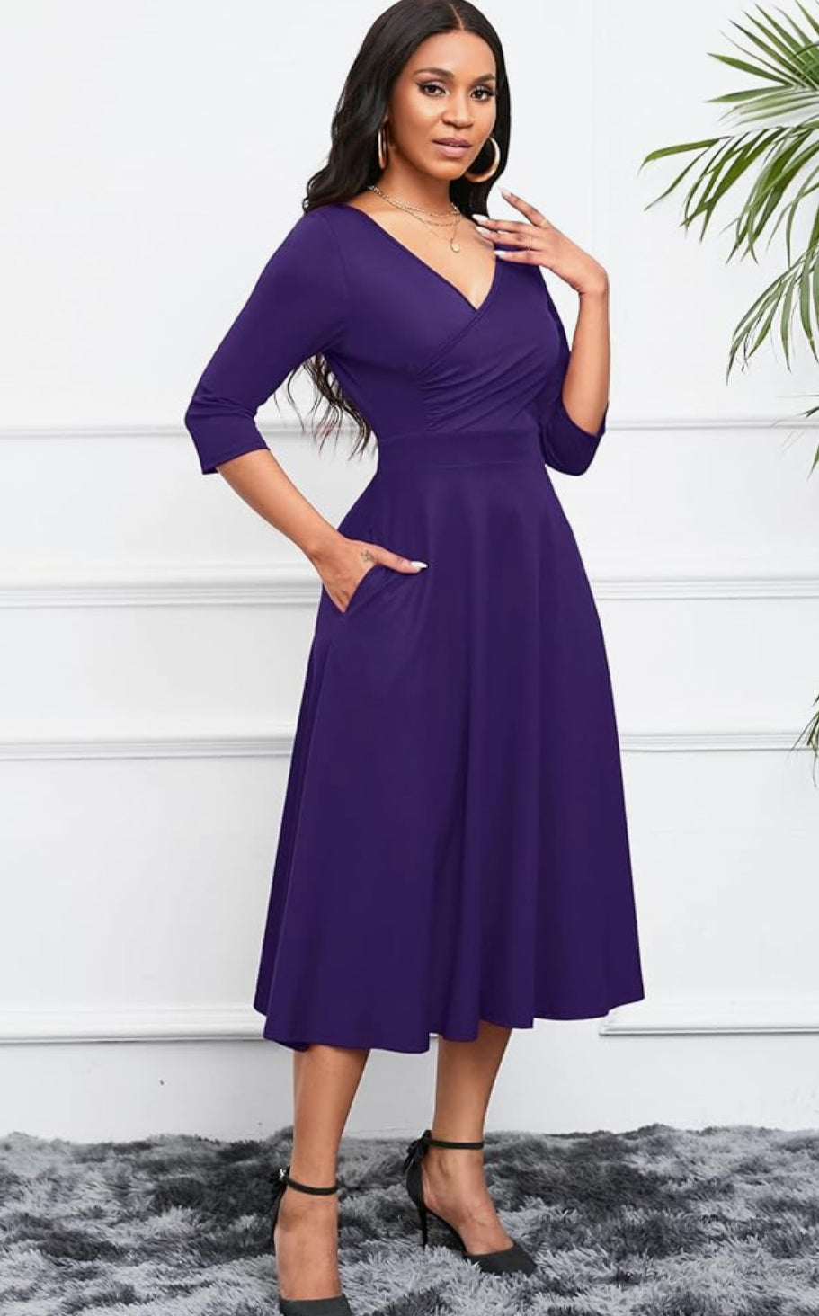 Casual Wrap Flared Dress, Sizes Small - 3XLarge (Deep Purple Dress)