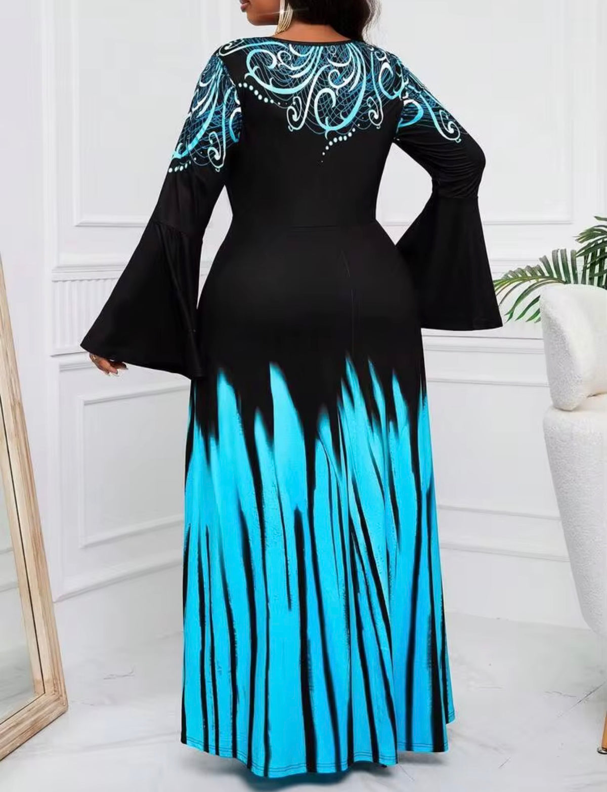 SHEIN Black & Blue Swirl-Accent Bell Sleeve Maxi Dress