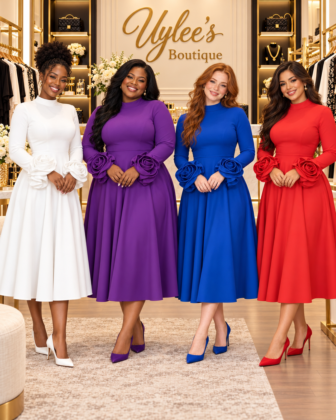 Full Size Floral Cuff Detail Long-Sleeve Midi Dress Plus Size
