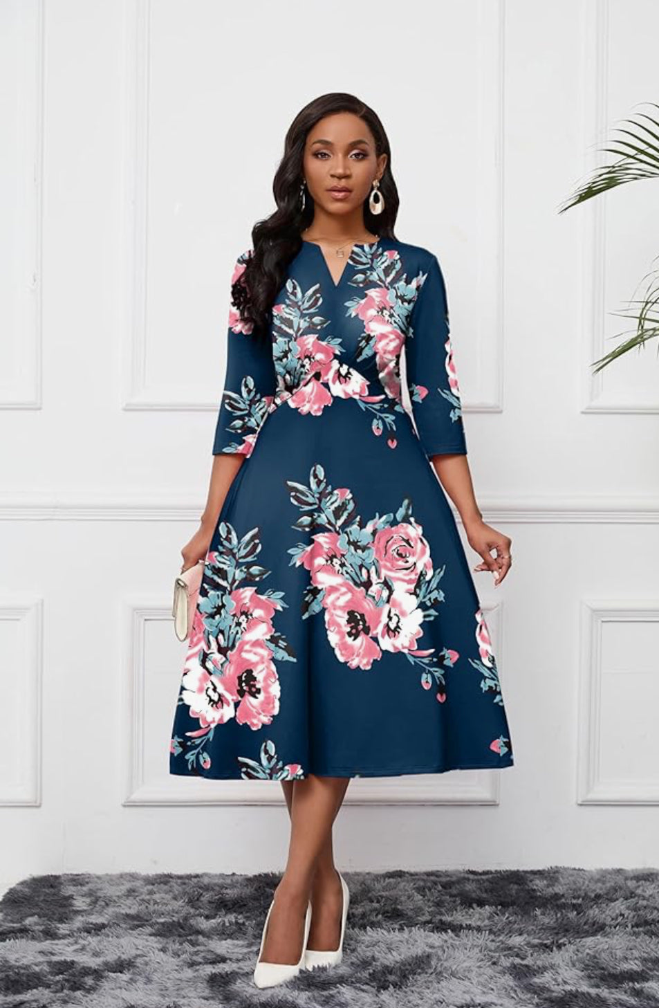 Casual Midi Floral Print Dress, 3XL