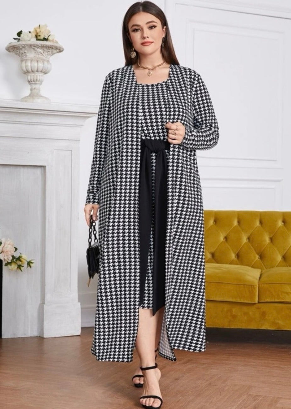 Classic Houndstooth Knit Cardigan & Dress Set - Black/White, Large (US 10)