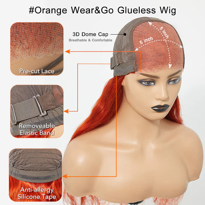 SMALL HEAD FRIENDLY LACE WIG - 24 Inches 5"x5" Body Wavy Wear & Go Glueless #Orange Lace Closure Wig-100% Human Hair