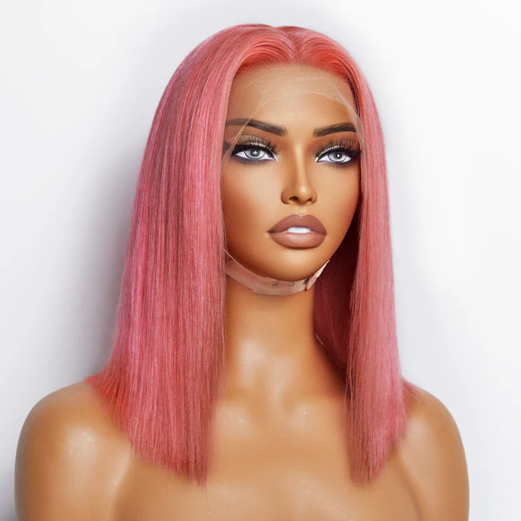 12 Inches Pre-Plucked 13"x4" #Pink Straight Bob Lace Frontal Wig 150% Density-100% Human Hair