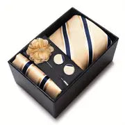 Men’s Silk Coordinated Tie Set w/Box - Gold with Blue Stripes (FB238)