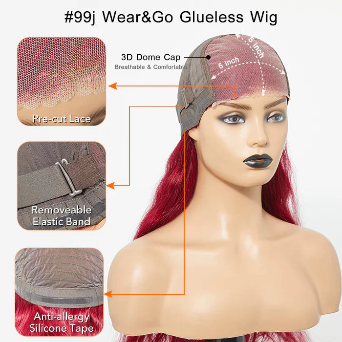 SMALL HEAD FRIENDLY LACE WIG - 24 Inches 5"x5" Body Wavy Wear & Go Glueless #99j Lace Closure Wig-100% Human Hair