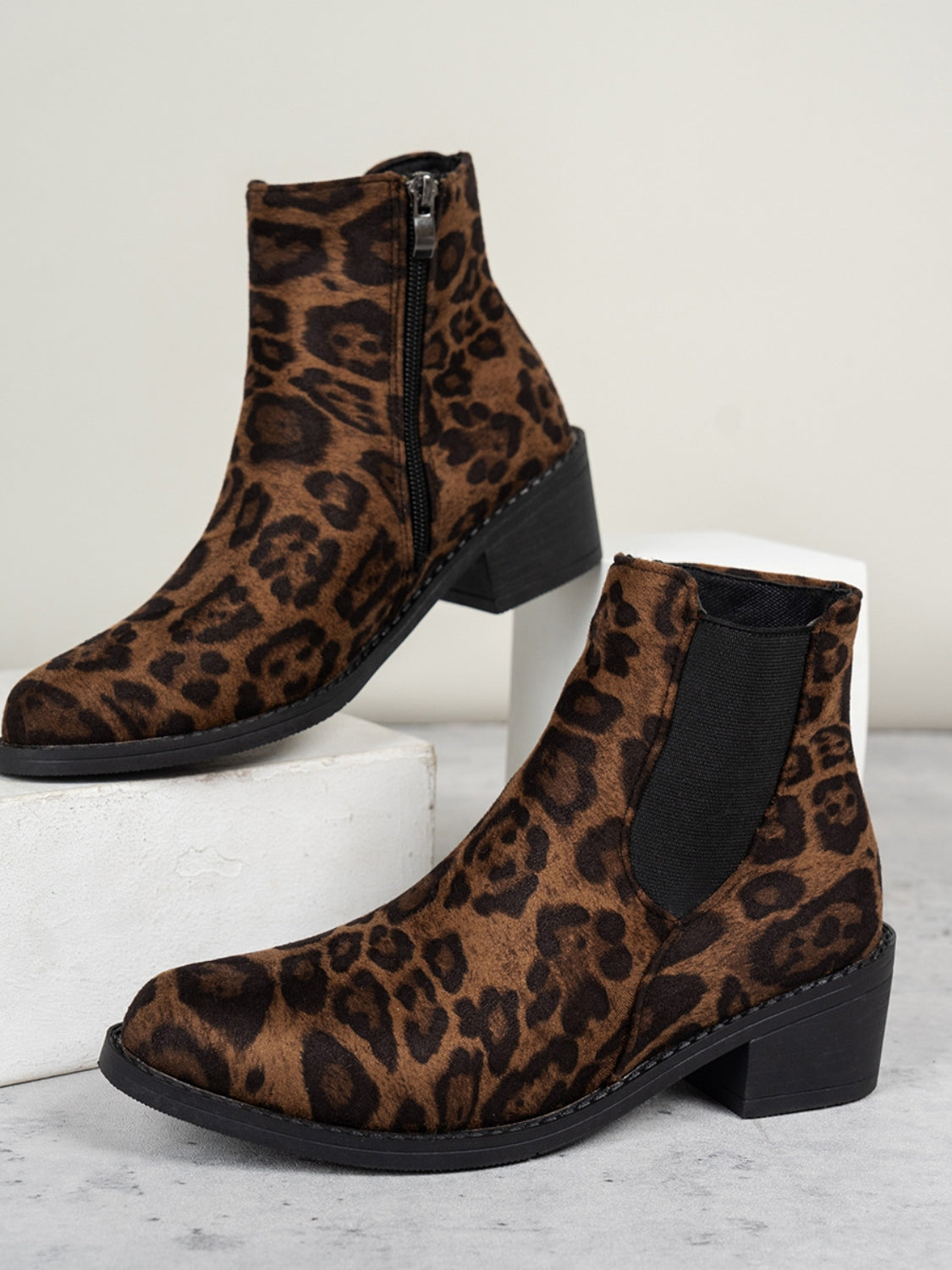 Leopard Point Toe Block Heel Boots, 2 patterns