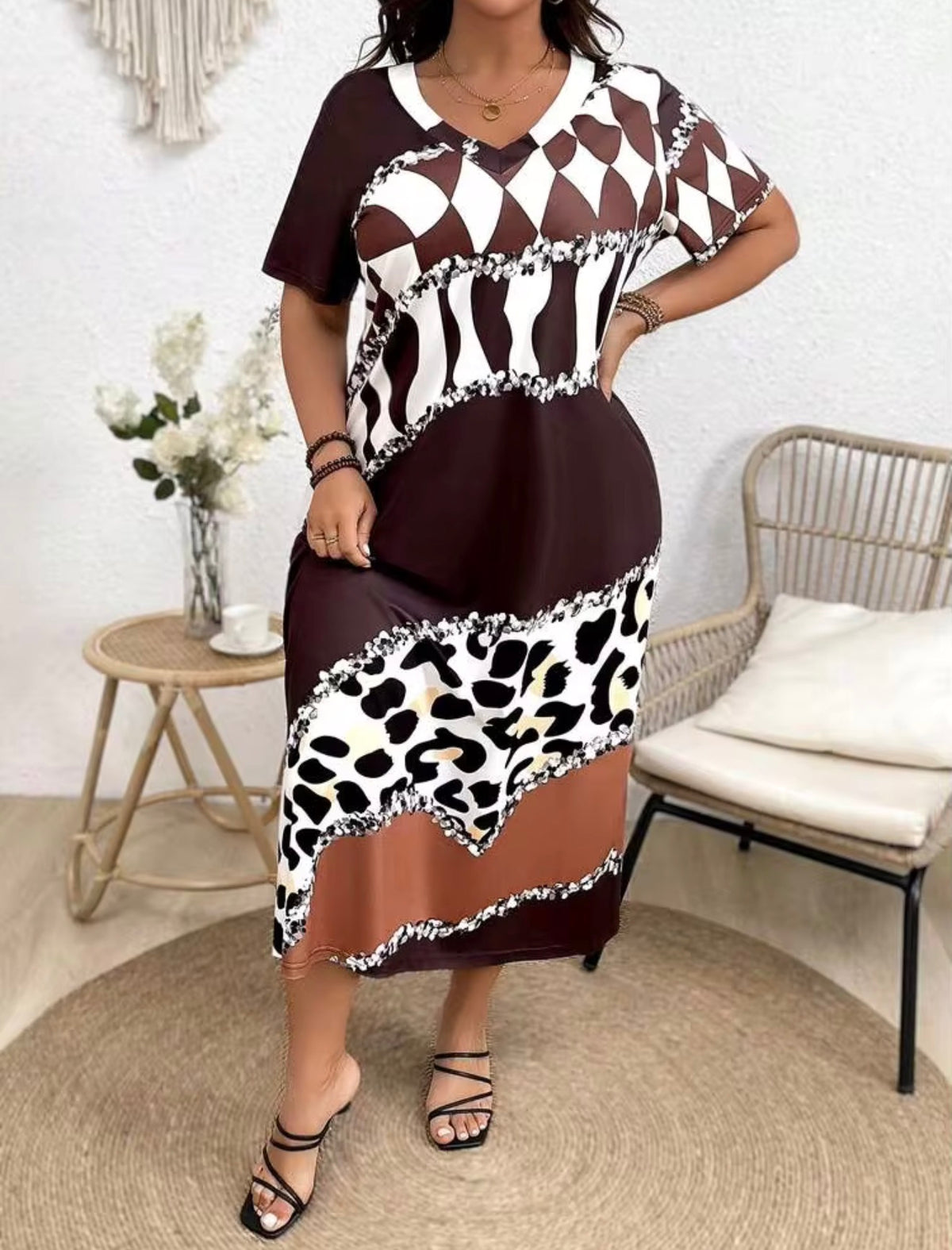 Calvaya Women's Plus Size Color Block Printed Patchwork Dress, 2X (US 16)