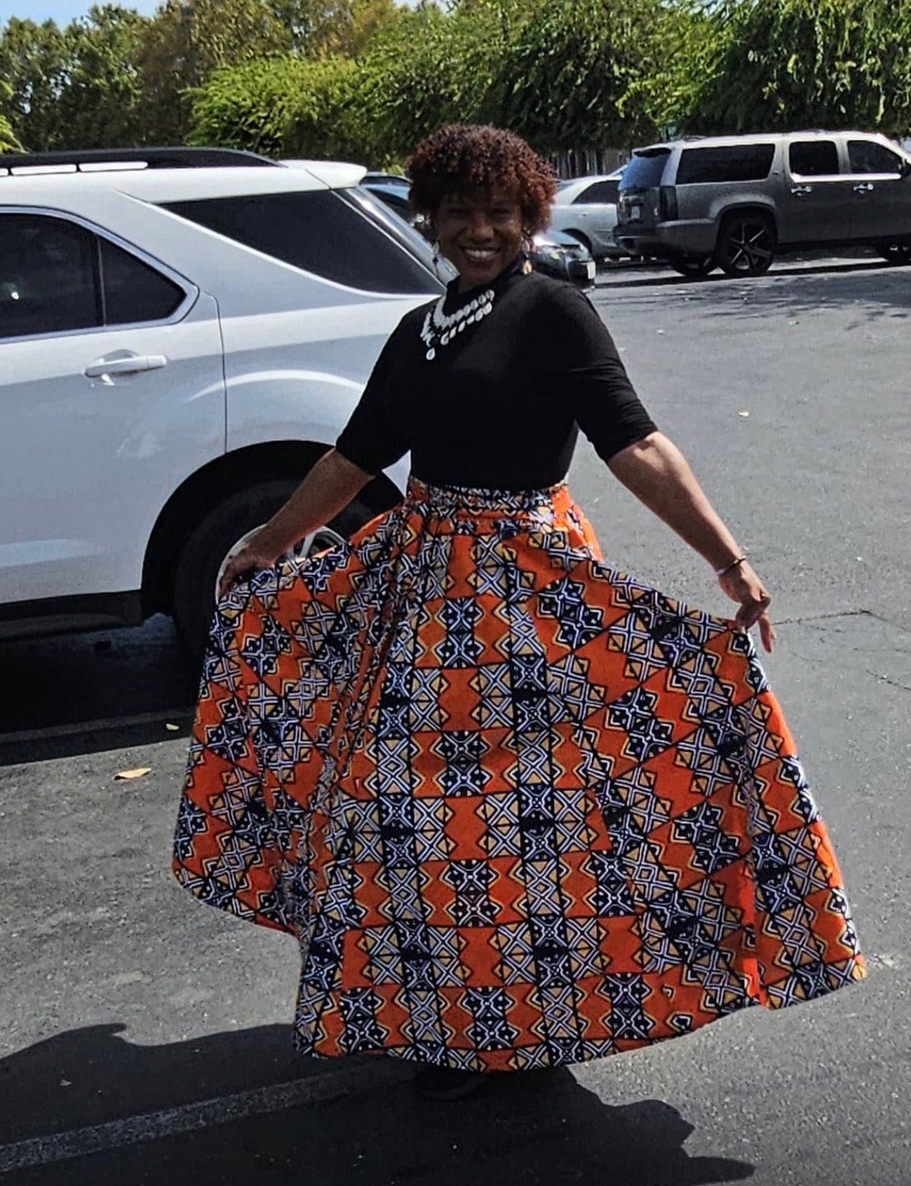 African Print Full Skirt with Coordinating Head Wrap  (Orange Black Squared)