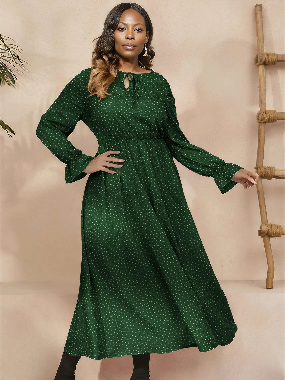 Plus Size Ruffled Polka Dot Long Sleeve Midi Dress - Three Color Choices