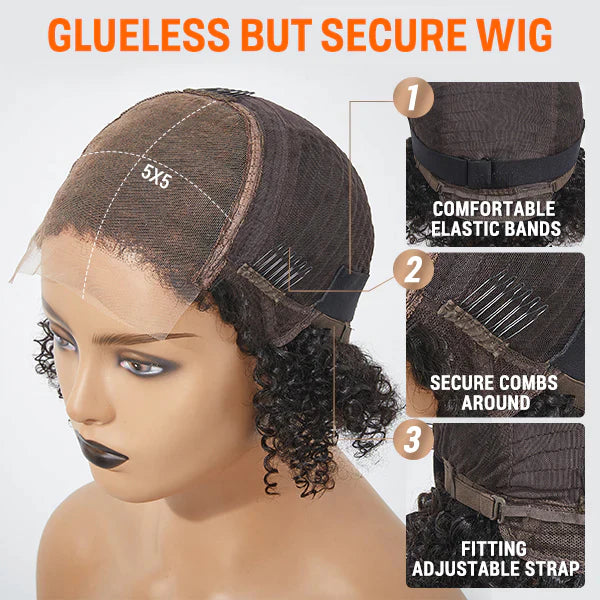 U.B.’s 12 Inches 5x5 4C Edges | Kinky Edges Jerry Curly Glueless Short Lace Closure Wig-100% Human Hair