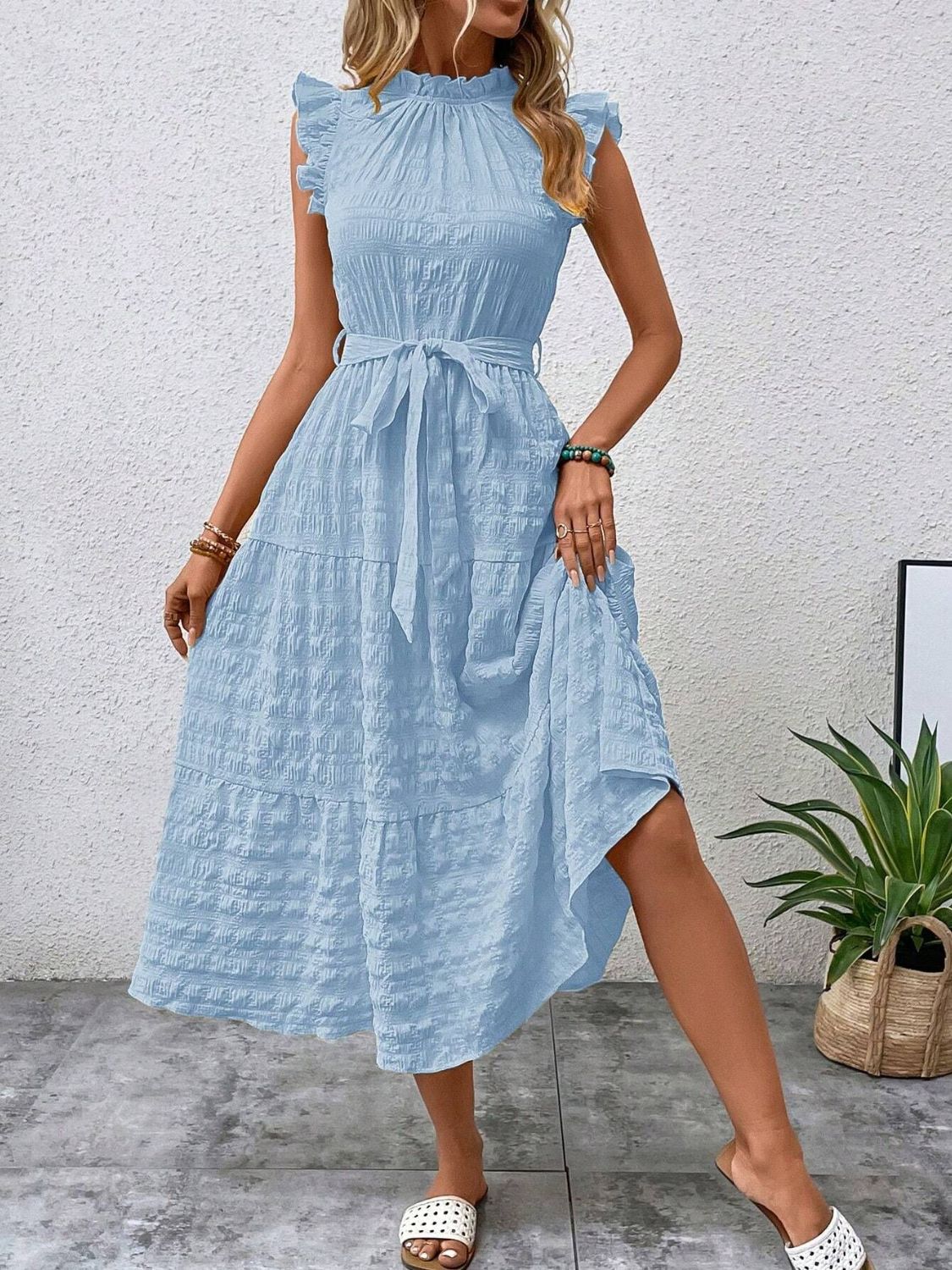 Tied Ruffled Cap Sleeve Midi Dress - 7 color choices