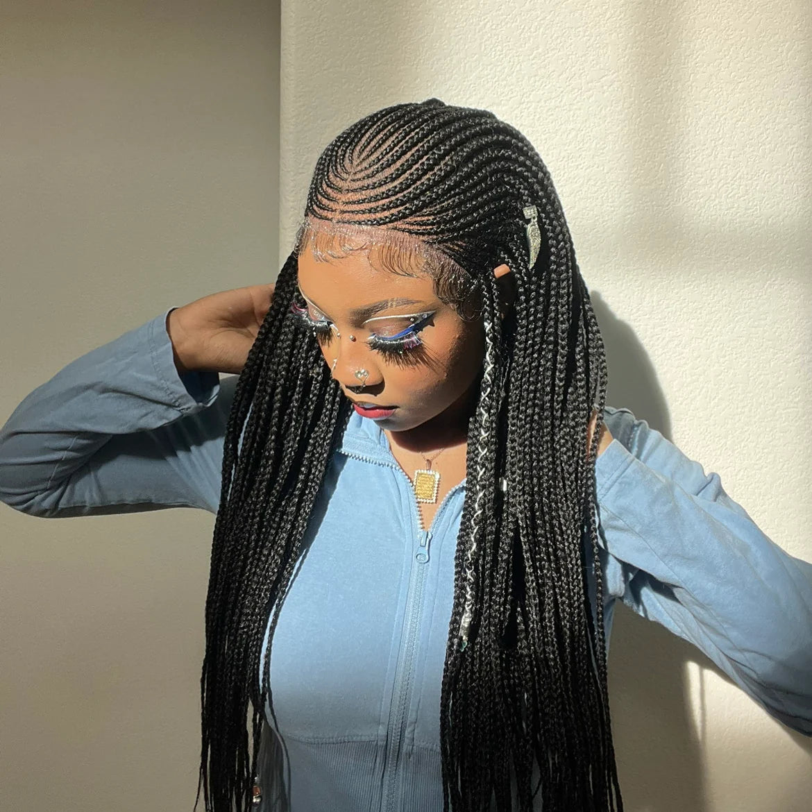 HAND BRAIDED 30 Inches 13x7 Fulani Braided Neat Braids Lace Front Wigs 200% Density-100% Handmade