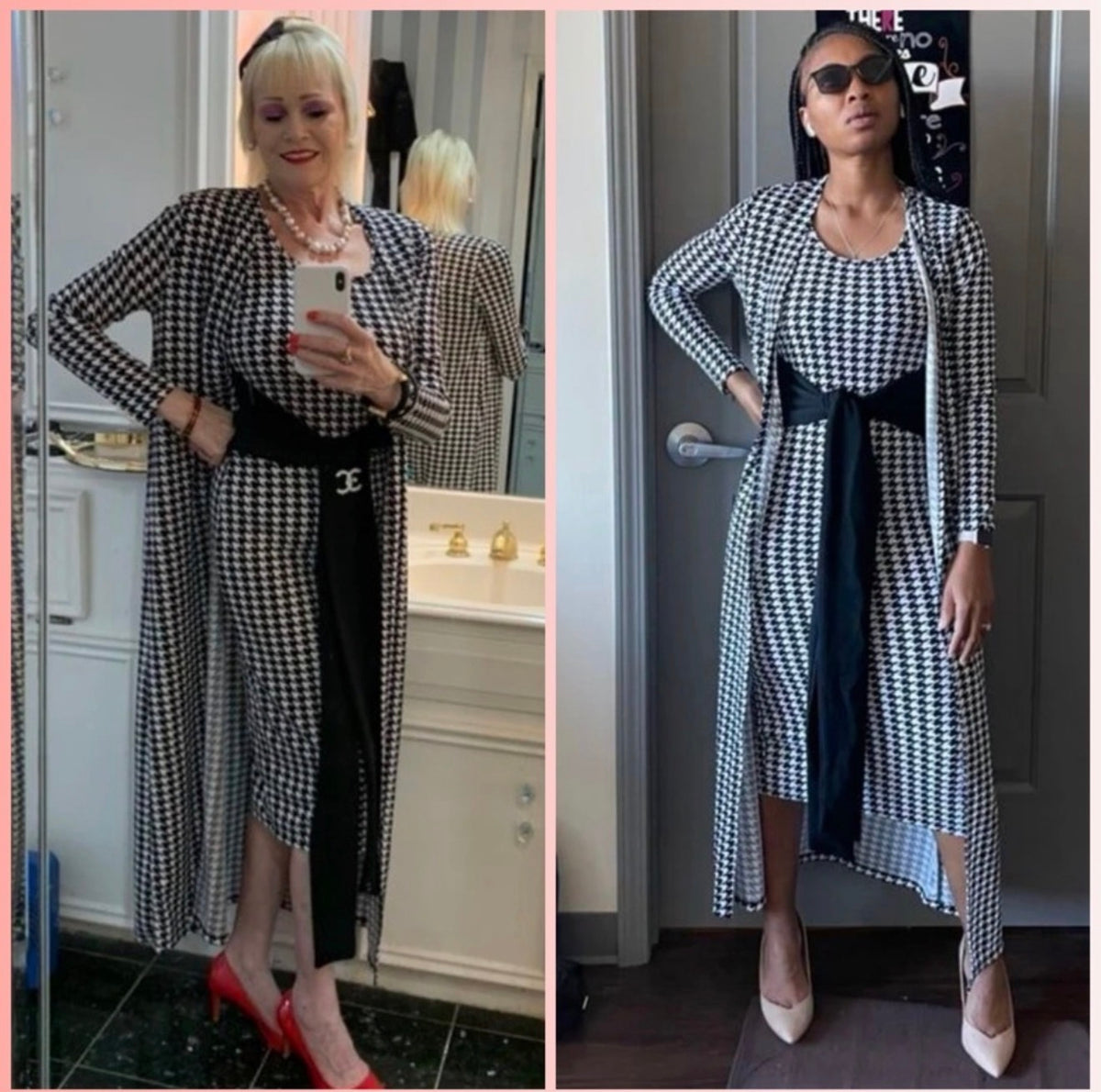 Classic Houndstooth Knit Cardigan & Dress Set - Black/White, Large (US 10)
