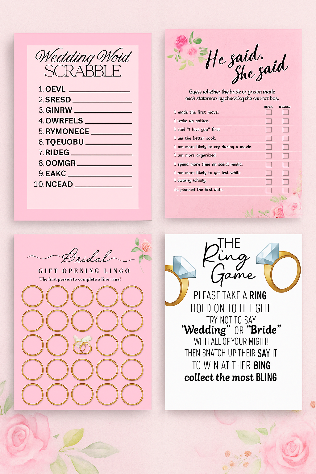 Bridal Shower Games Bundle | Printable Wedding Games | Ring Game, Wedding Word Scramble, He Said She Said, Bridal Bingo | Instant Download