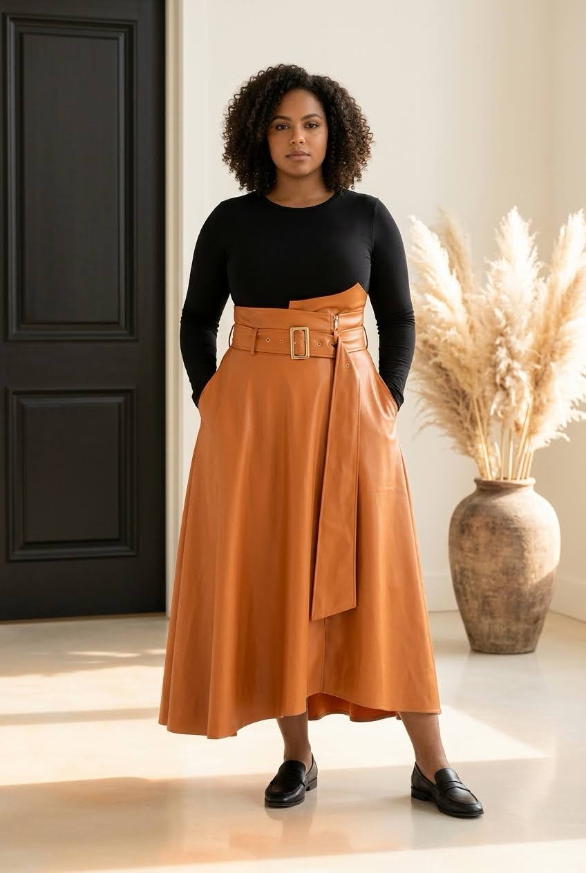 PU Urban Side Pocket Zipper Large Belt Synthetic Leather Skirt – Orange | US 14 / XXL