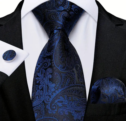 Men’s Silk Coordinated Tie Set - Deep Royal Blue & Black Paisley